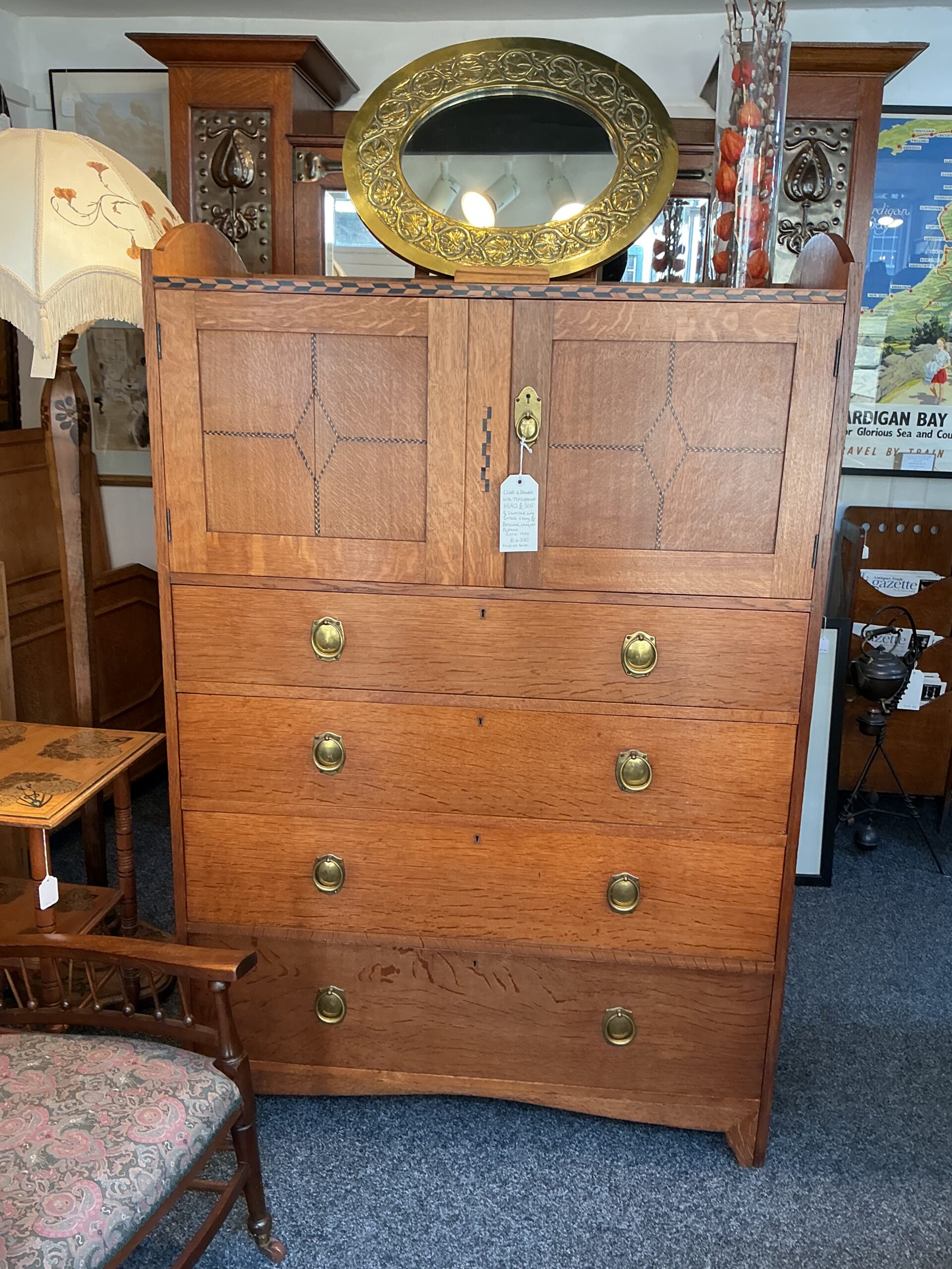 Heals oak chequerboard inlaid decoration Tall boy